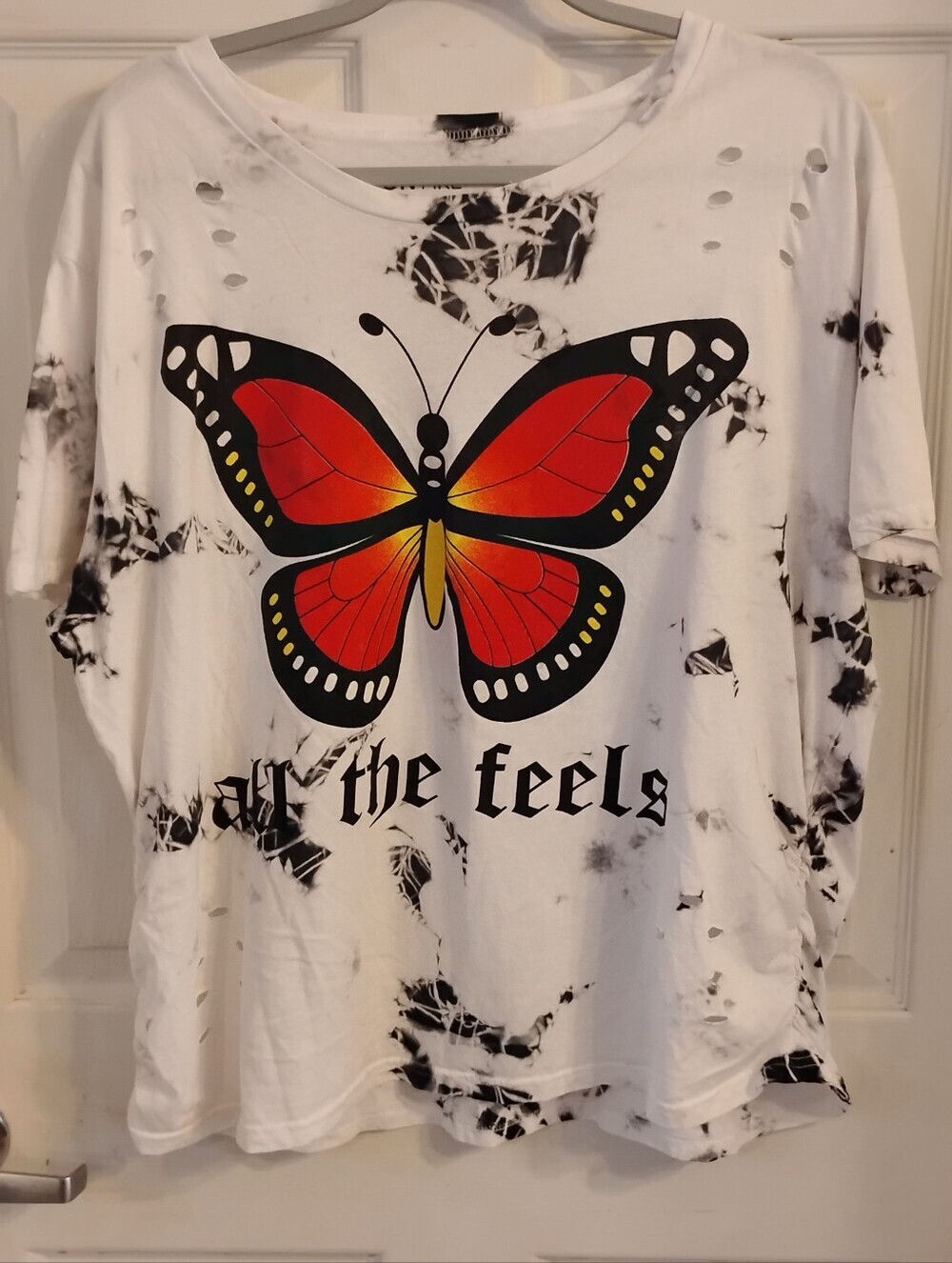 On Fire White Short Sleeve Tee with Red-Orange Butterfly Graphic, Size: 2X